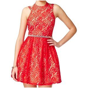 JODI KRISTOPHER Red Sleeveless Rhinestone Detail Party Lace Mini Dress Juniors 5